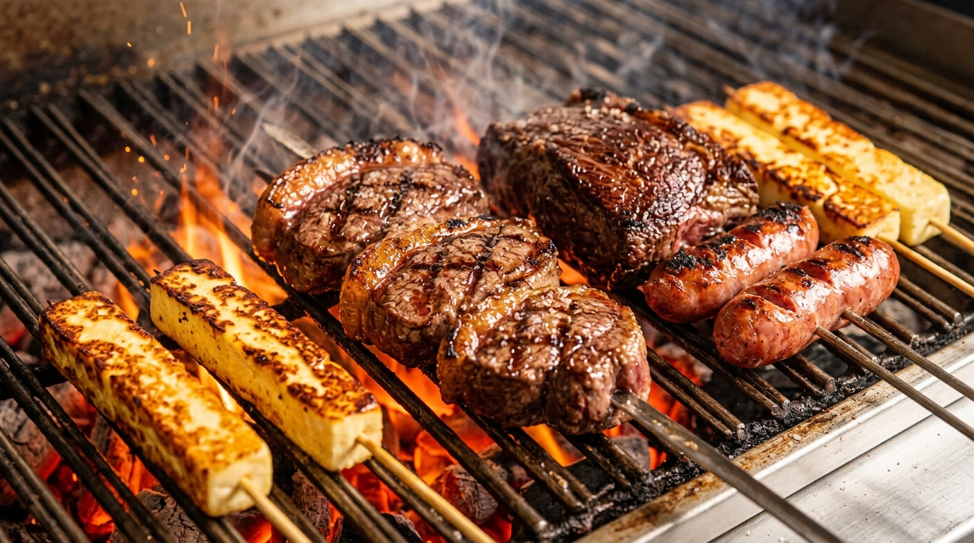 Cortes de churrasco grelhando na brasa do Restaurante Amora