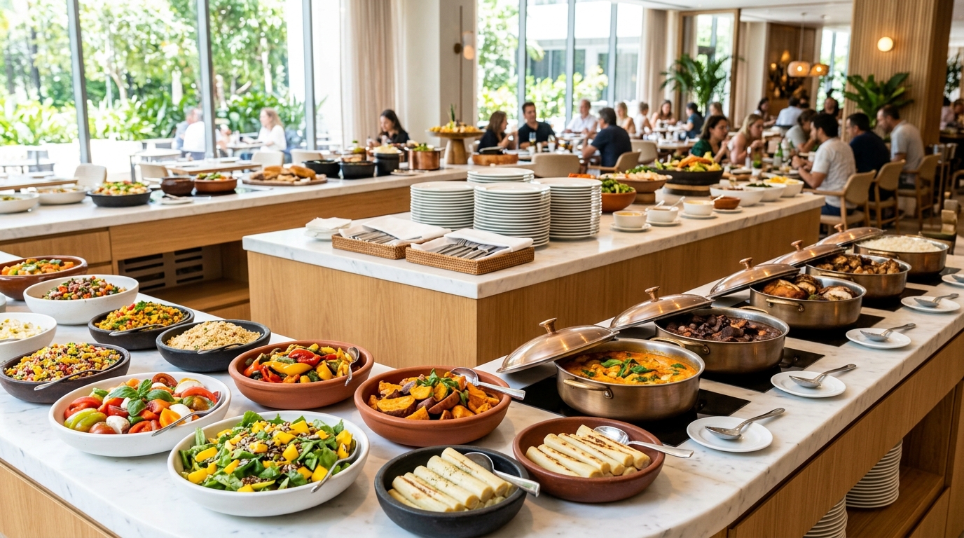 Buffet self-service variado com saladas frescas e pratos quentes no Restaurante Amora