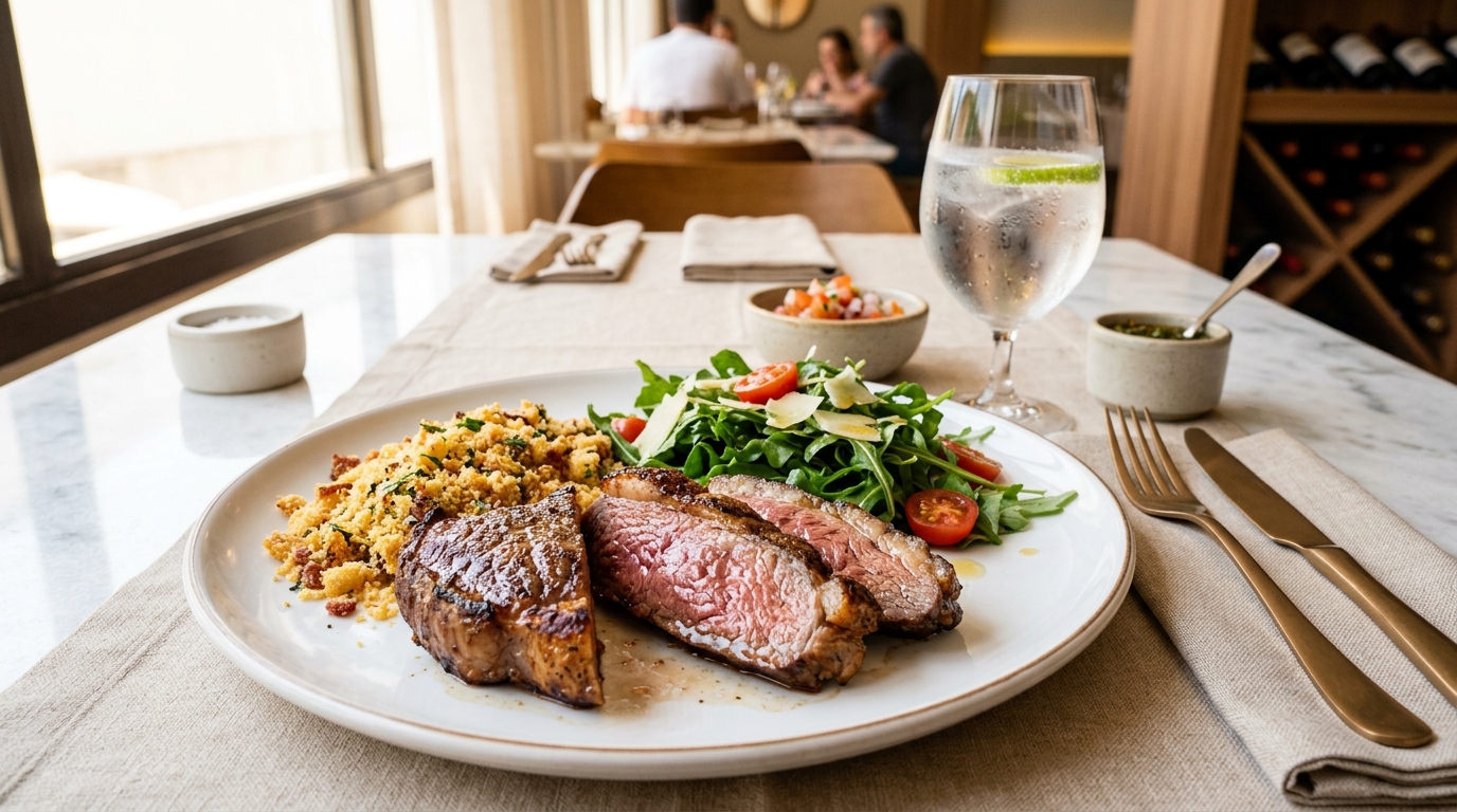 Prato servido no Restaurante Amora com picanha grelhada na brasa, farofa crocante e salada fresca